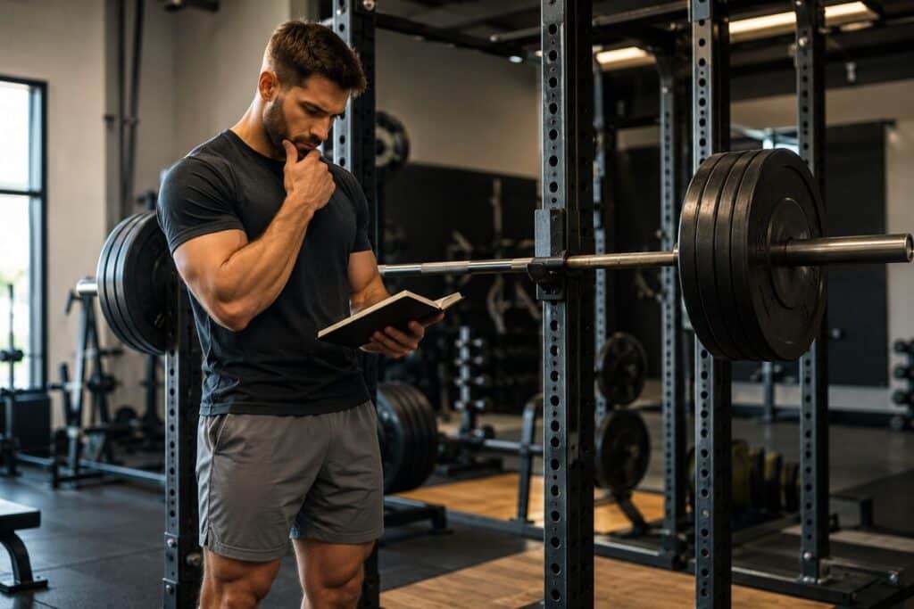 Powerlifter reviews a training log beside a heavily loaded barbell in a squat rack, demonstrating thoughtful auto-regulation, readiness assessment, and precise strength training decisions.