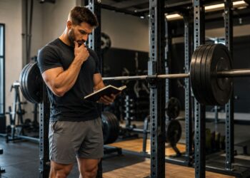 Powerlifter reviews a training log beside a heavily loaded barbell in a squat rack, demonstrating thoughtful auto-regulation, readiness assessment, and precise strength training decisions.