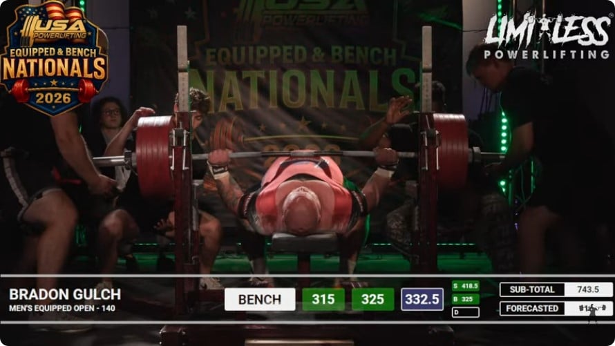Bradon Gulch Benches 332.5 kg at the USA Powerlifting Equipped Nationals