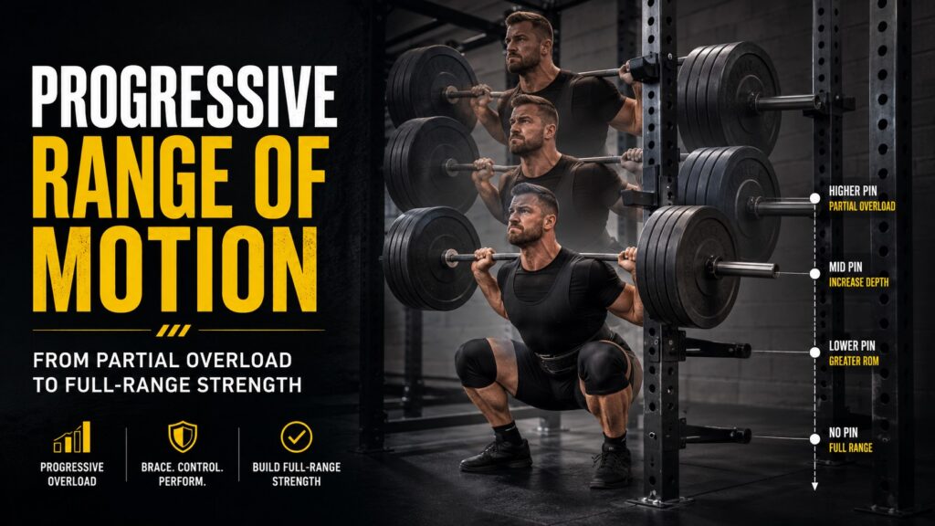 Progressive range of motion squat training showing a powerlifter gradually increasing squat depth with heavy weight inside a power rack.