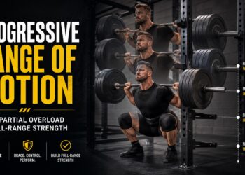 Progressive range of motion squat training showing a powerlifter gradually increasing squat depth with heavy weight inside a power rack.