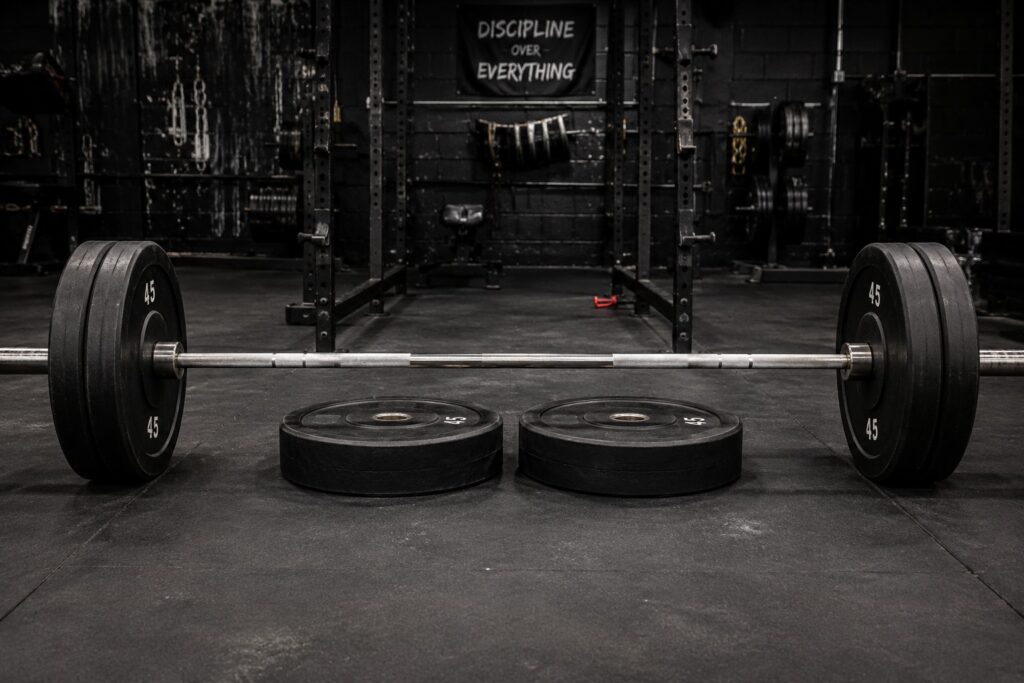 Loaded barbell set up for deficit deadlifts in a powerlifting gym, with weight plates used as a standing platform to increase range of motion, highlighting deficit deadlift training, posterior chain strength, pulling power, and powerlifting performance.