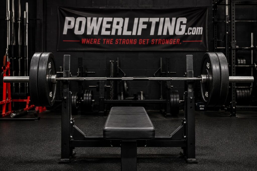 Bench press setup with a loaded barbell and flat bench, showing band instability techniques to enhance bench stability for powerlifting strength training.