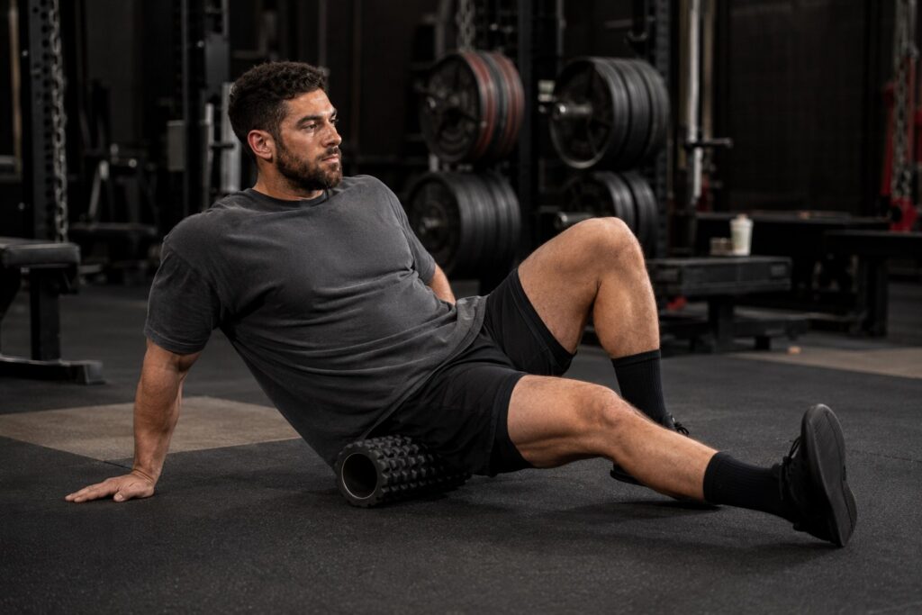 Powerlifter using a foam roller for hip recovery and mobility to support stronger squats and deadlifts in powerlifting.