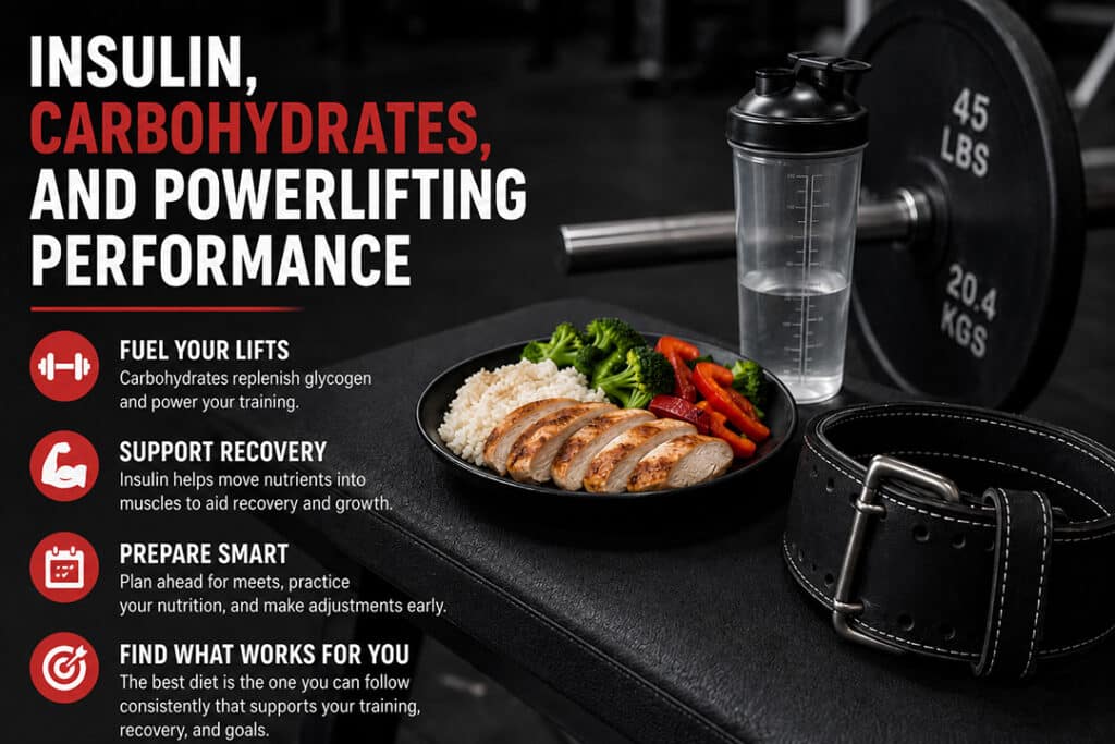 Powerlifting nutrition graphic featuring a carbohydrate-rich meal, lifting belt, shaker bottle, and barbell with tips on insulin, recovery, and performance.