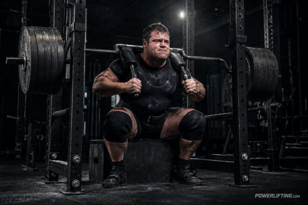 Powerlifter using the max effort method with a heavily loaded safety squat bar, strategic variation, and box squat training to avoid plateaus in powerlifting.