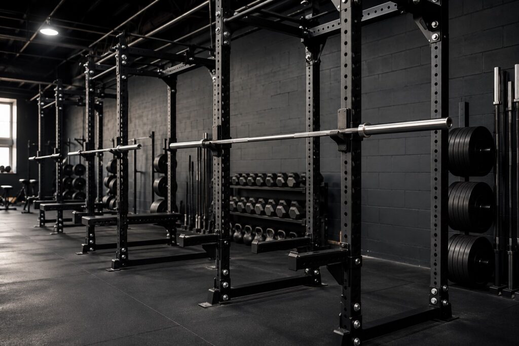 Powerlifting squat rack setup with loaded barbells, black power racks, weight plates, and strength training equipment for optimizing squat technique.