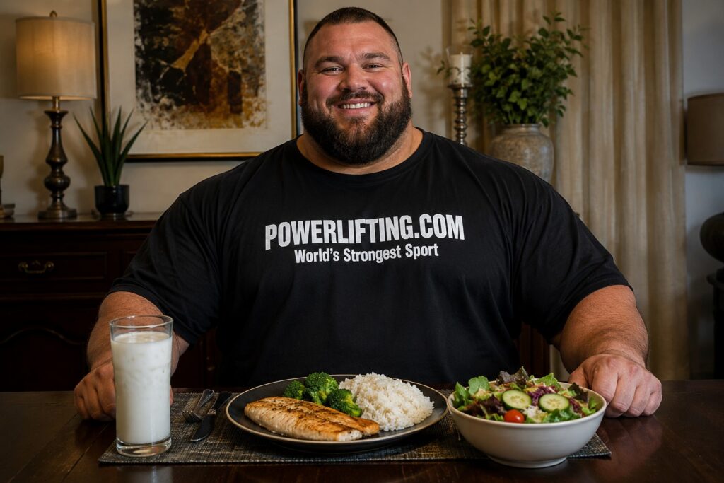 Powerlifter eating a balanced meal with grilled chicken, rice, vegetables, salad, and milk to support strength training, recovery, and powerlifting nutrition planning