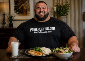 Powerlifter eating a balanced meal with grilled chicken, rice, vegetables, salad, and milk to support strength training, recovery, and powerlifting nutrition planning