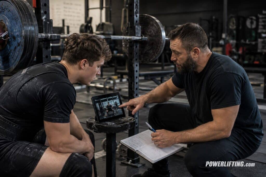Powerlifting coach reviewing squat technique with a lifter to help powerlifters get more from coaching and improve training performance.