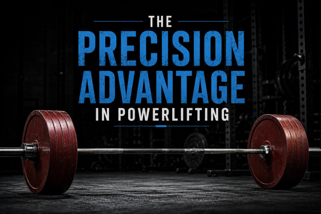 Barbell loaded with red competition-style weight plates resting on a gym floor beneath the headline "The Precision Advantage in Powerlifting," illustrating how precise setup, force production, positioning, bar path, bracing, and timing contribute to stronger squat, bench press, and deadlift performance for powerlifters.