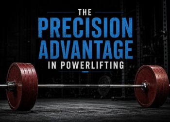 Barbell loaded with red competition-style weight plates resting on a gym floor beneath the headline "The Precision Advantage in Powerlifting," illustrating how precise setup, force production, positioning, bar path, bracing, and timing contribute to stronger squat, bench press, and deadlift performance for powerlifters.