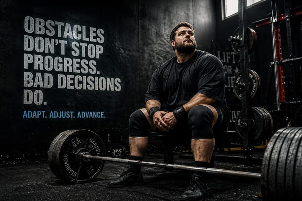 Powerlifter adapting to training setbacks while seated beside a loaded barbell in a strength gym, illustrating long-term progress, smarter training decisions, and resilience in powerlifting.