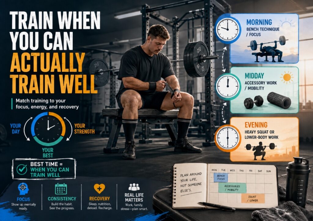 Powerlifter preparing for a workout beside an infographic showing morning, midday, and evening training options based on focus, energy, recovery, and real-life scheduling.