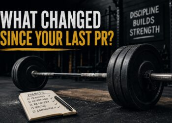 Powerlifting barbell beside a habit checklist in a dark gym, illustrating how training consistency, nutrition, recovery, focus, and discipline influence strength plateaus and personal records.