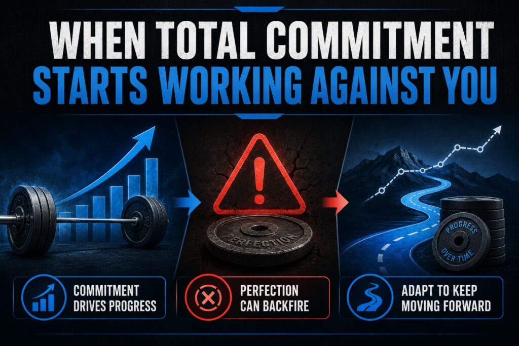 Powerlifting infographic titled “When Total Commitment Starts Working Against You,” showing a loaded barbell, rising progress chart, warning symbol, perfection weight plate, and winding path representing long-term strength, flexibility, and sustainable training progress.