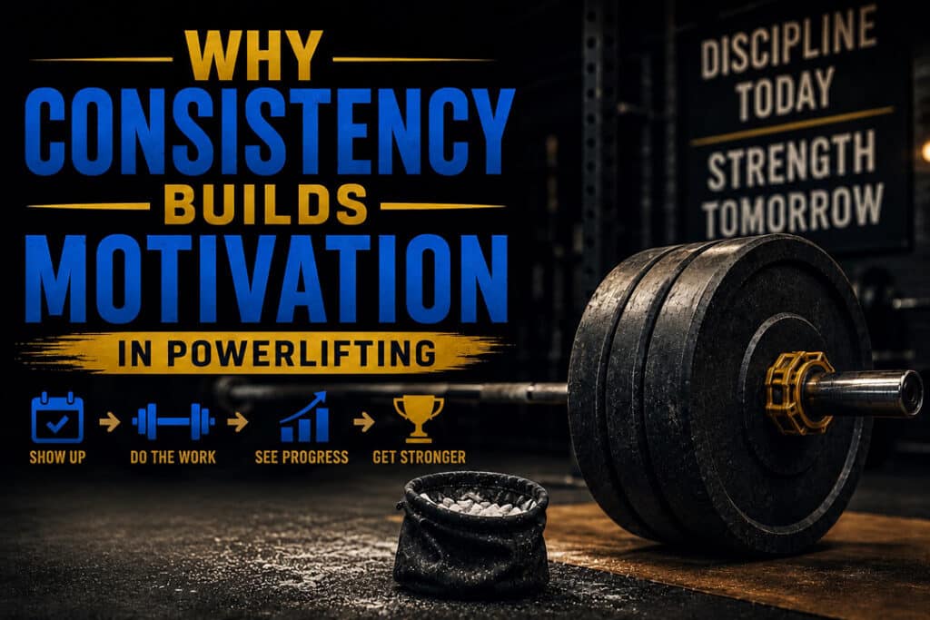 Loaded powerlifting barbell on a competition platform beside a leather lifting belt and chalk bag in a dark strength gym, representing the consistency, discipline, and daily habits that build long-term motivation and powerlifting performance.