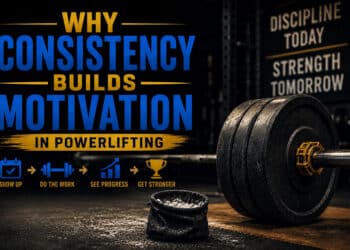 Loaded powerlifting barbell on a competition platform beside a leather lifting belt and chalk bag in a dark strength gym, representing the consistency, discipline, and daily habits that build long-term motivation and powerlifting performance.