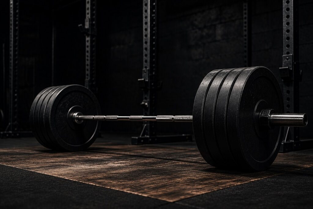 Heavily loaded barbell with four black plates per side on a powerlifting platform, representing heavy singles, competition preparation, technical execution, confidence, and strength training under pressure.
