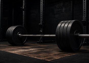 Heavily loaded barbell with four black plates per side on a powerlifting platform, representing heavy singles, competition preparation, technical execution, confidence, and strength training under pressure.